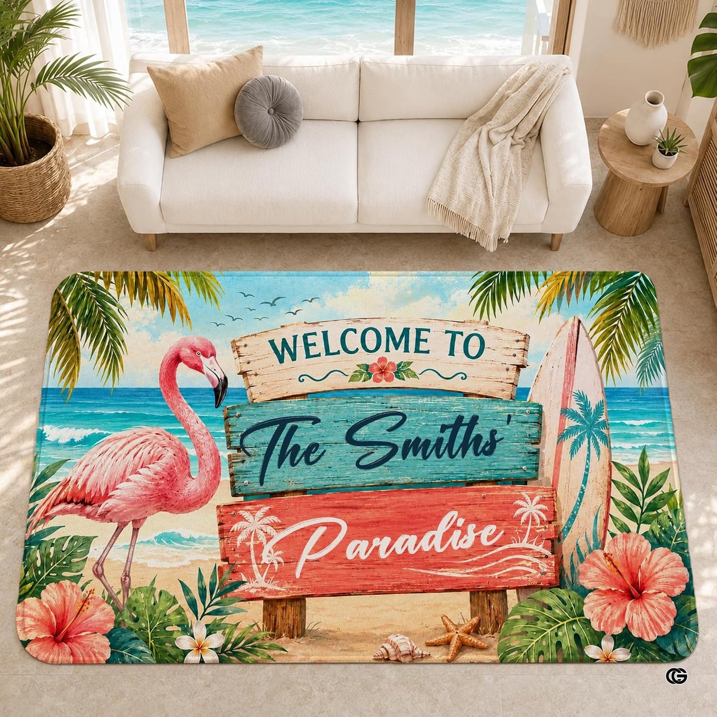 Personalized Tropical Beach Rug, Custom Family Name Tropical Outdoor Rug, Flamingo Surfboard Ocean Area Rug for Living Room, Patio, Beach House Decor, Design 08