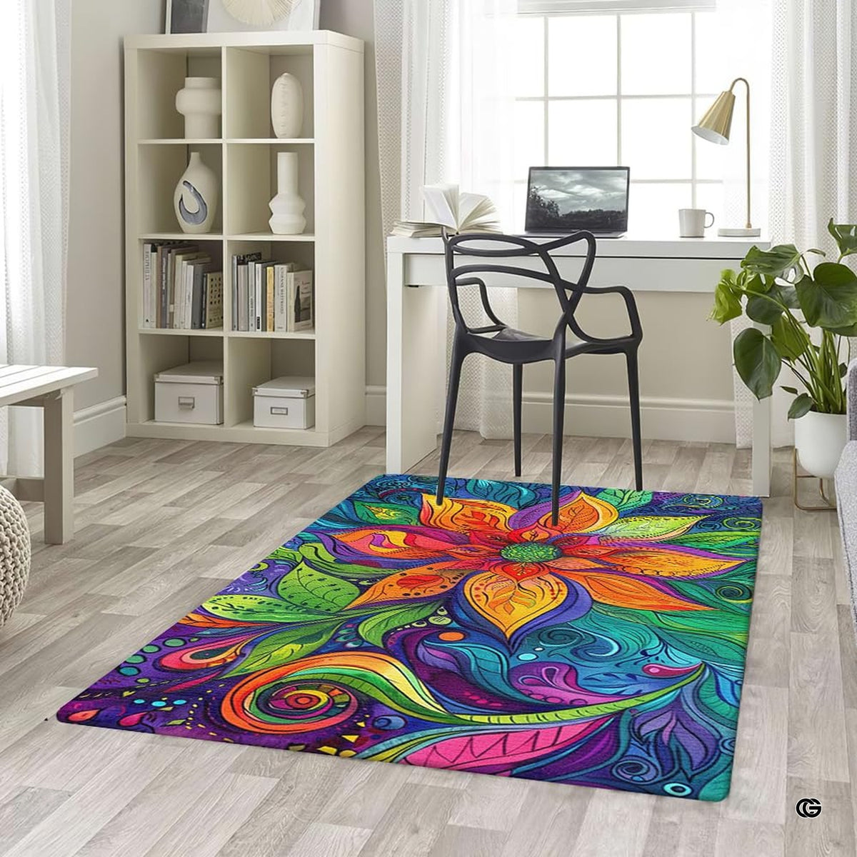 Top-down overhead view of rectangular psychedelic paisley flower boho living room area rug - image 5 of 5