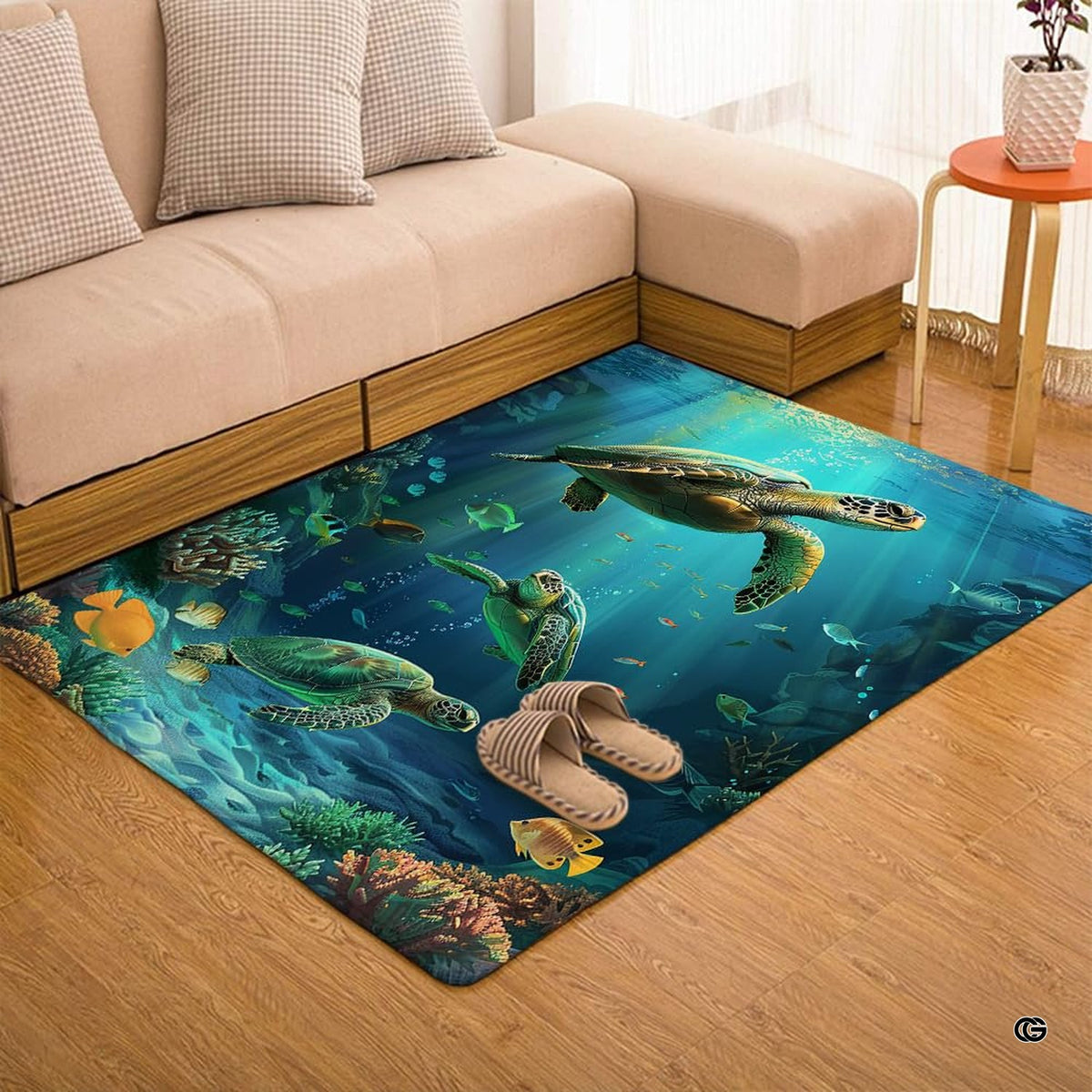 Seaside-themed living room layout featuring an ocean coral reef floor rug.