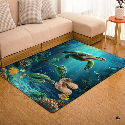 Seaside-themed living room layout featuring an ocean coral reef floor rug. - thumbnail image 7 of 7