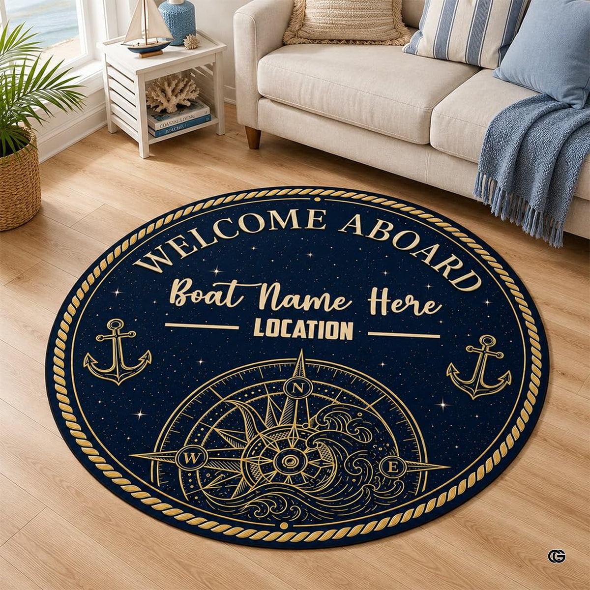 Celestial compass rose golden anchor navy area rug - view 1