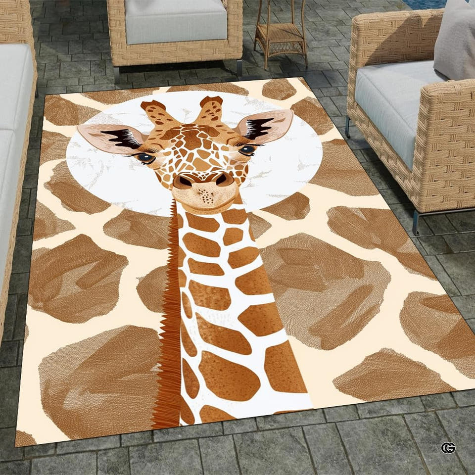 Patio stone lounge with wicker seating displaying the modern giraffe pattern area rug