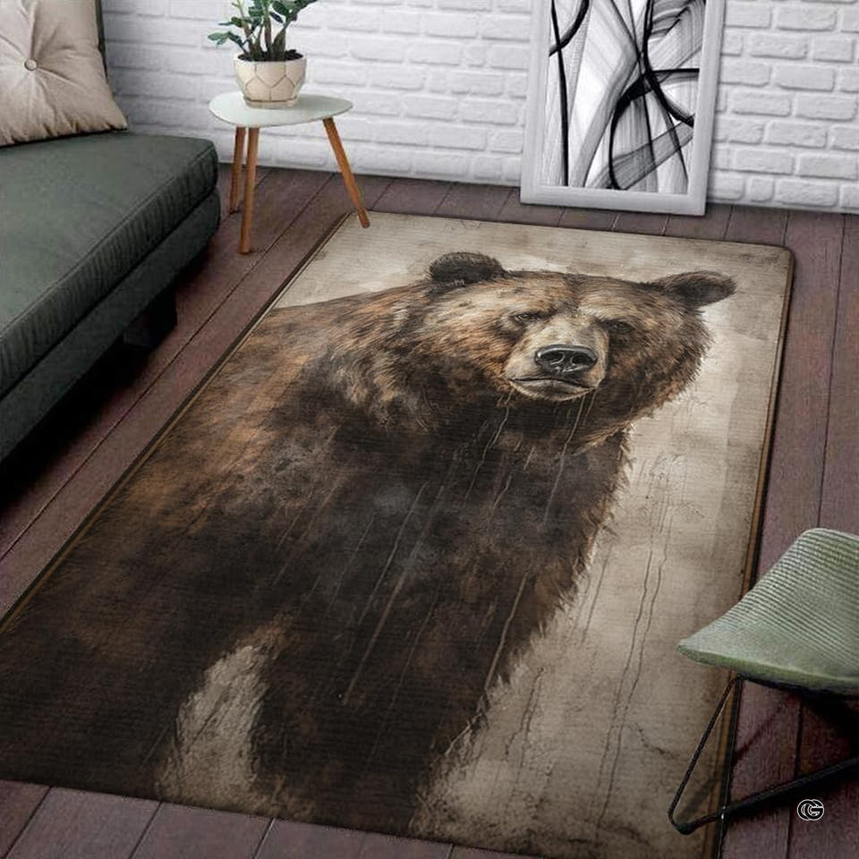 Rustic grizzly bear area rug with artistic portrait on weathered wood backdrop.
