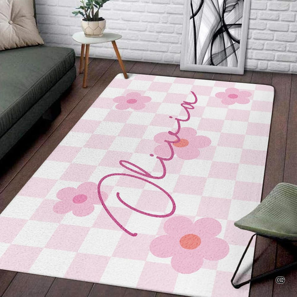 Pink checkerboard flower rug in a modern living room