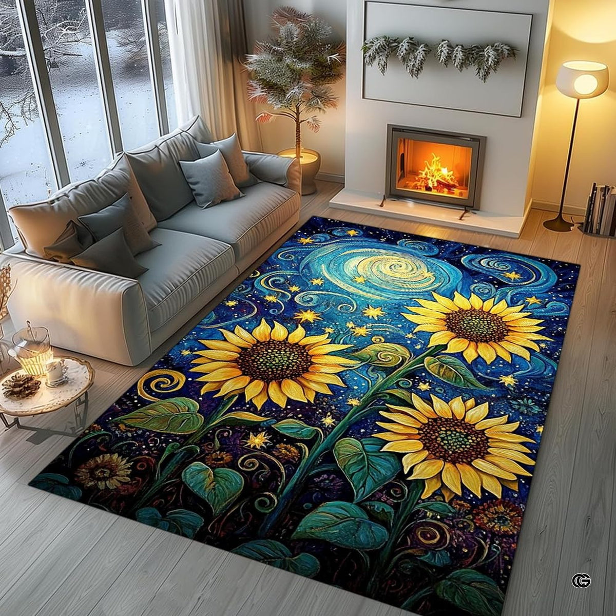 Studio layout displaying the celestial sunflowers starry night rug centered on flooring
