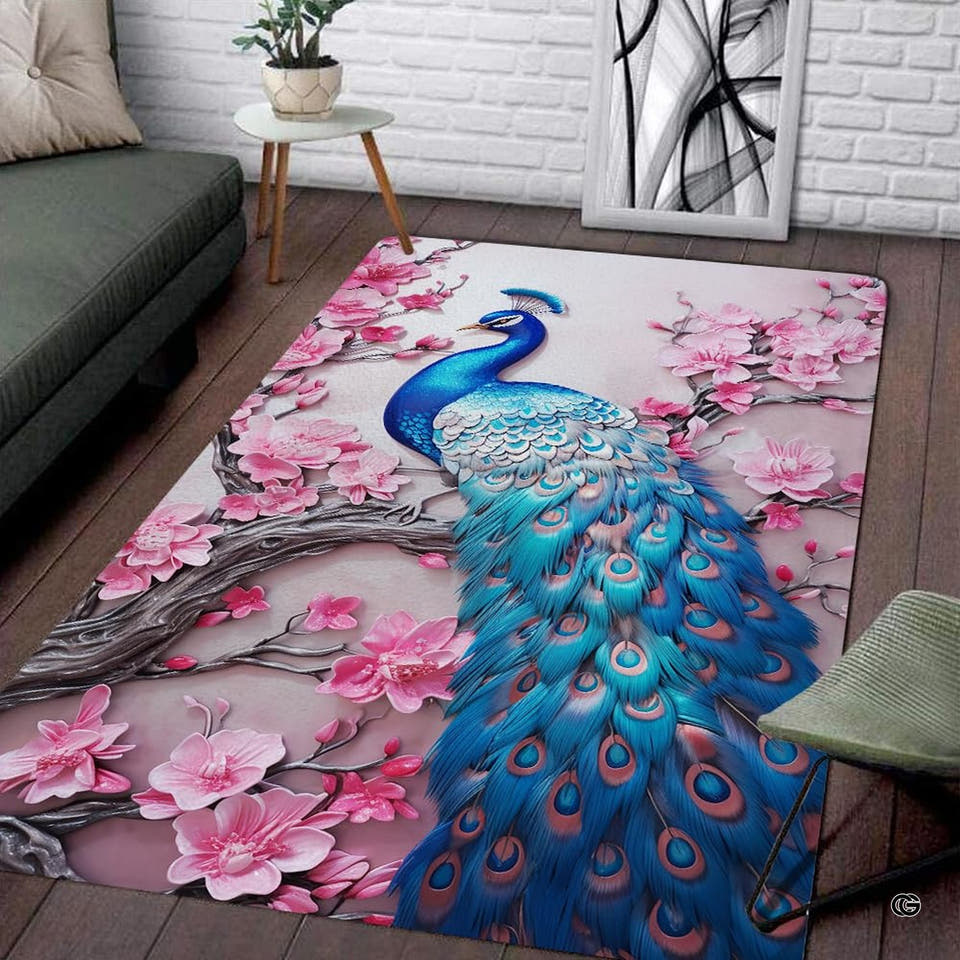 Peacock teal area rug showcasing an artistic blue peacock with blooming pink cherry blossoms on pastel backdrop.
