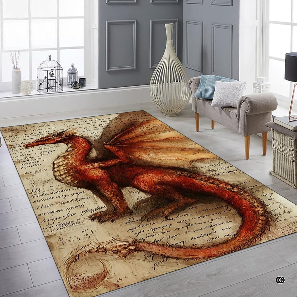 Leonardo da Vinci style red dragon anatomy sketch on vintage handwritten parchment paper area rug. - image 6 of 8