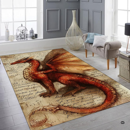 Leonardo da Vinci style red dragon anatomy sketch on vintage handwritten parchment paper area rug. - thumbnail image 6 of 8