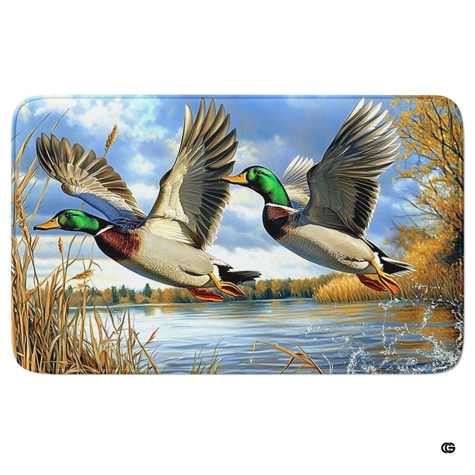 Mallard duck rug displaying two waterfowl flying over wetland reeds in a rustic living room layout.