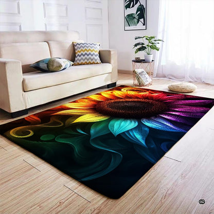 Anti-slip dot backing and hemmed edge stitching on colorful sunflower rug - thumbnail image 4 of 7