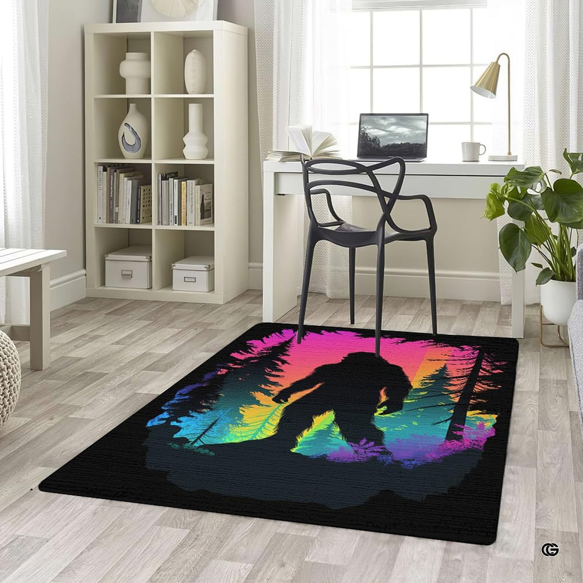 Full view of mythic woodland creature rug showcasing neon wilderness art on light hardwood flooring. - image 5 of 5