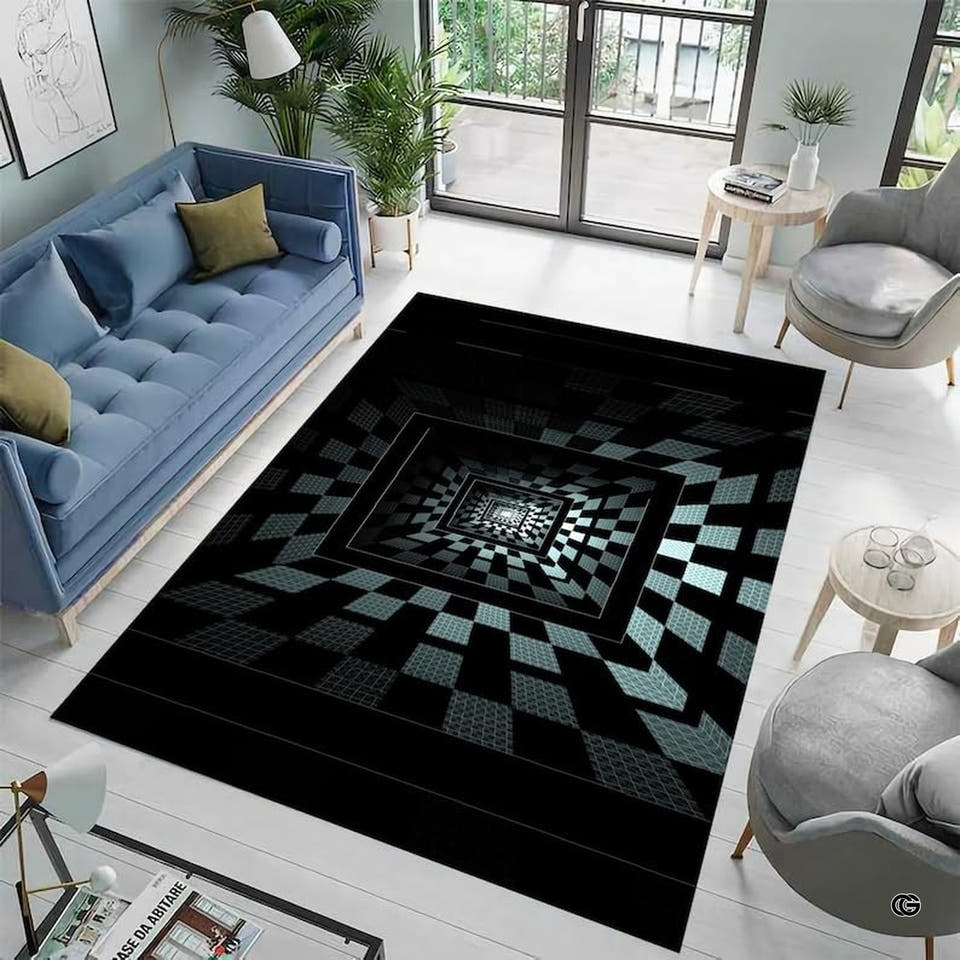 Monochrome optical illusion area rug with concentric geometric tunnel perspective on living room floor.