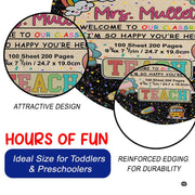 Decorative circular area rug highlighting cheerful star, notebook, and school bus art details. - thumbnail image 6 of 7
