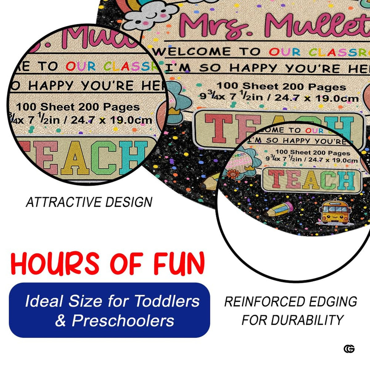 Decorative circular area rug highlighting cheerful star, notebook, and school bus art details. - image 6 of 7