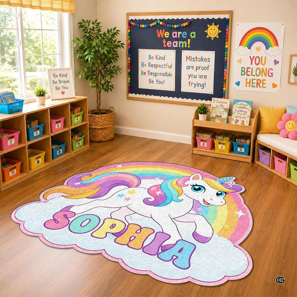 Rainbow cloud unicorn rug in a classroom