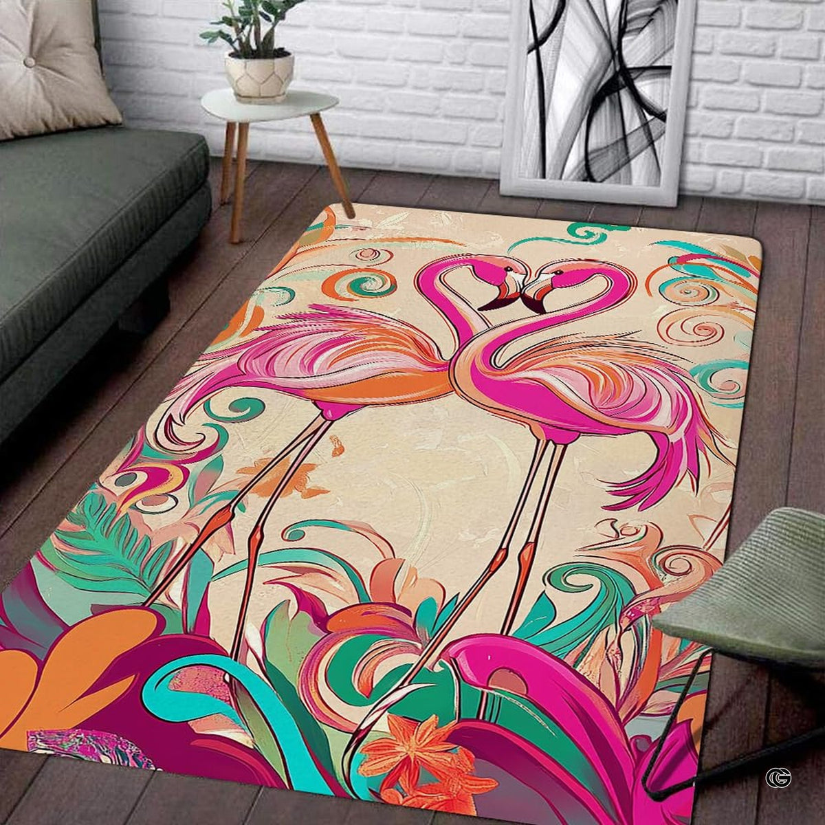 Heart flamingo couple art nouveau illustration rectangular area rug.