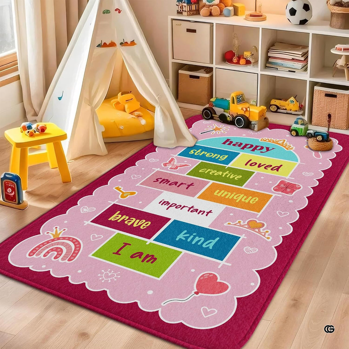 decorative accent board design area rug with scalloped pink border and whimsical magic wand graphics.