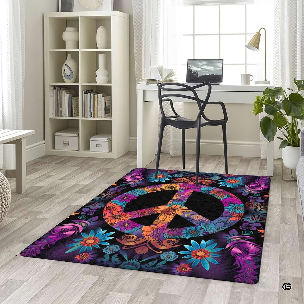 Lifestyle scene featuring family lounging on floral peace sign area rug. - image 5 of 5