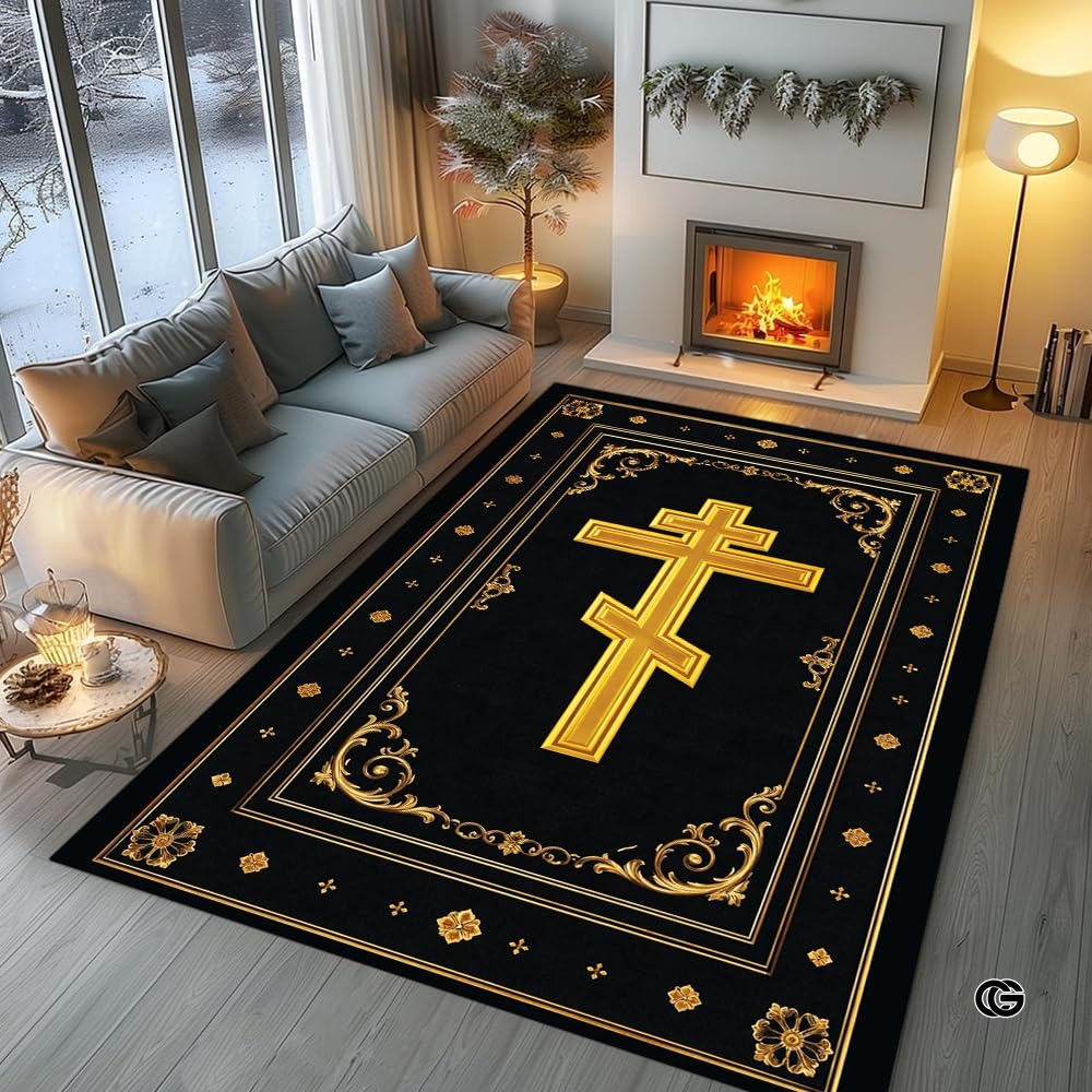 Personalized Orthodox Christian Area Rug, Custom Eastern Orthodox Russian Greek Byzantine Non-Slip Rug for Women Men, IC XC Nika Cross Mat for Living Room, Bedroom, Church Decor (D2)