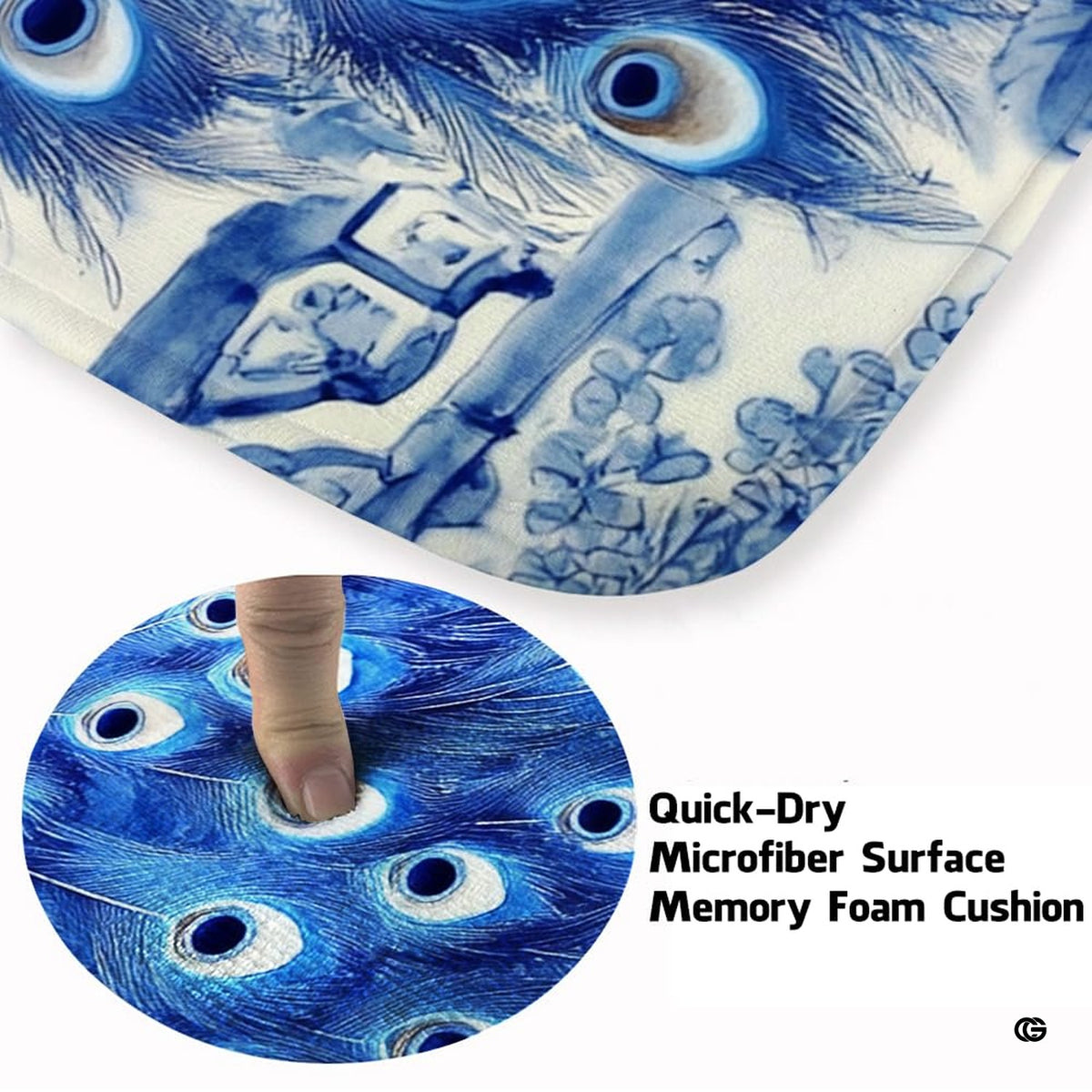 Close-up view of the soft microfiber surface, peacock feathers, and porcelain floral vines