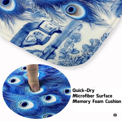 Close-up view of the soft microfiber surface, peacock feathers, and porcelain floral vines - thumbnail image 3 of 8