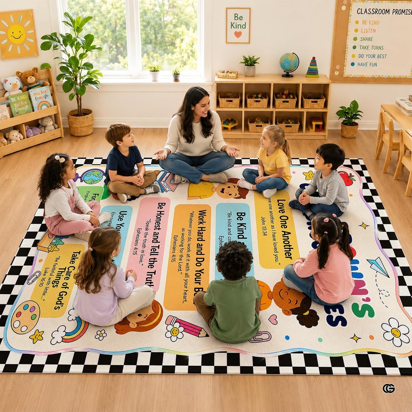 Personalized Teachers Classroom Rug, Custom Teacher Name Classroom Rules Area Rug, Feeling Chart Calming Corner Mat, Kindergarten Educational Back to School Class Decor (D4)