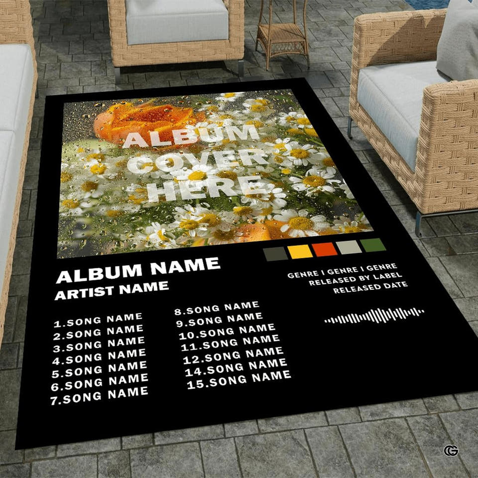 Vinyl tracklist music poster floral soundwave area rug in primary perspective