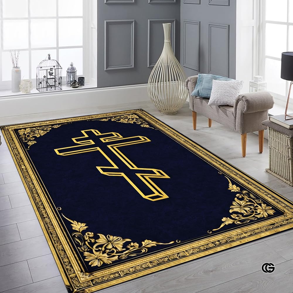 Personalized Orthodox Christian Area Rug, Custom Eastern Orthodox Russian Greek Byzantine Non-Slip Rug for Women Men, IC XC Nika Cross Mat for Living Room, Bedroom, Church Decor (D1)