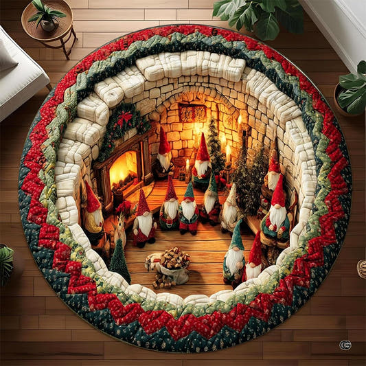 Overhead view of a round 3D Christmas gnome cottage illusion area rug on wooden flooring.