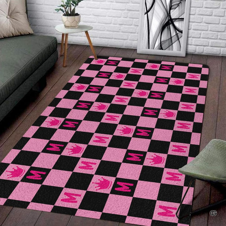 Pink crown checkerboard rug in a modern living room