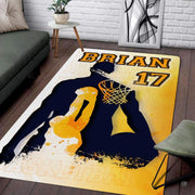 Custom basketball player silhouette living room area rug with golden yellow art and athletic personalization banner - thumbnail image 1 of 7