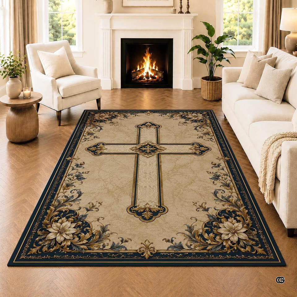 Ornate golden cross area rug with baroque scrollwork on a herringbone wood floor