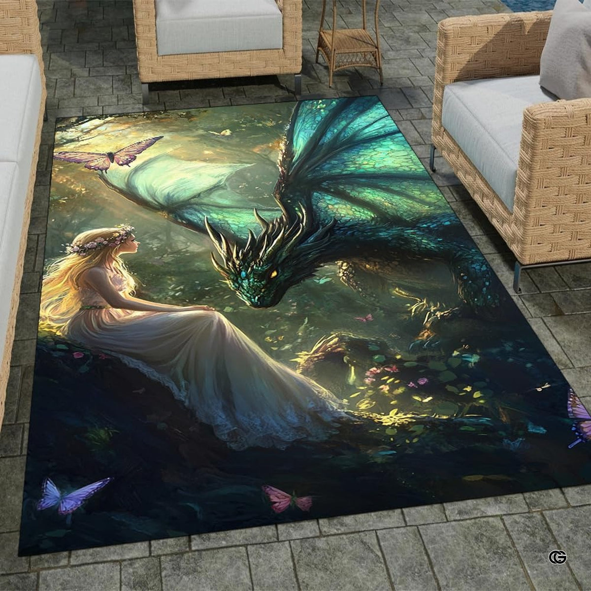 Angle view showcasing illuminated woodland scenery and butterfly details on enchanted forest art rug.