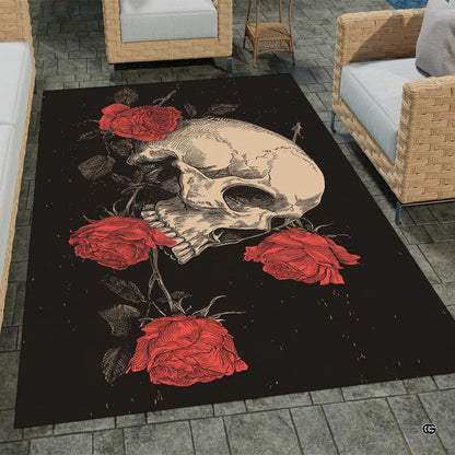 Fireside lounge setting with a person relaxing beside the gothic skull and rose rug - thumbnail image 3 of 8