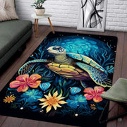 Living room seating mockup featuring the bioluminescent sea turtle tropical floral coastal area rug - thumbnail image 1 of 7