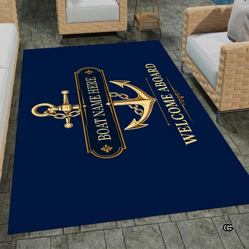 Custom Boat Rug, Personalized Welcome Aboard Mat with Boat Name, Nautical Area Rug for Deck, Entryway or Floor, Anchor Marine Decor, Boating Gift (Boat Rug 09)