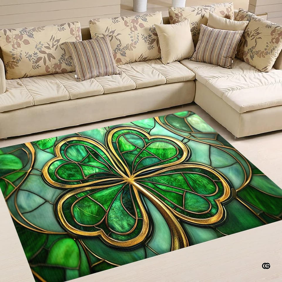 Stained glass style four-leaf clover area rug featuring translucent emerald panels and metallic gold borders.