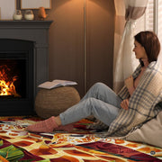 Sunlit living room fireplace setting displaying the loving giraffe couple area rug - thumbnail image 6 of 7