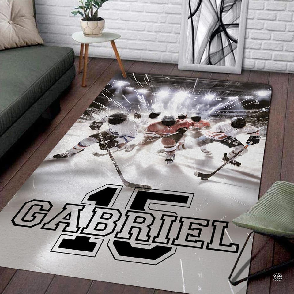 Ice hockey arena area rug featuring dynamic player artwork under bright stadium floodlights.