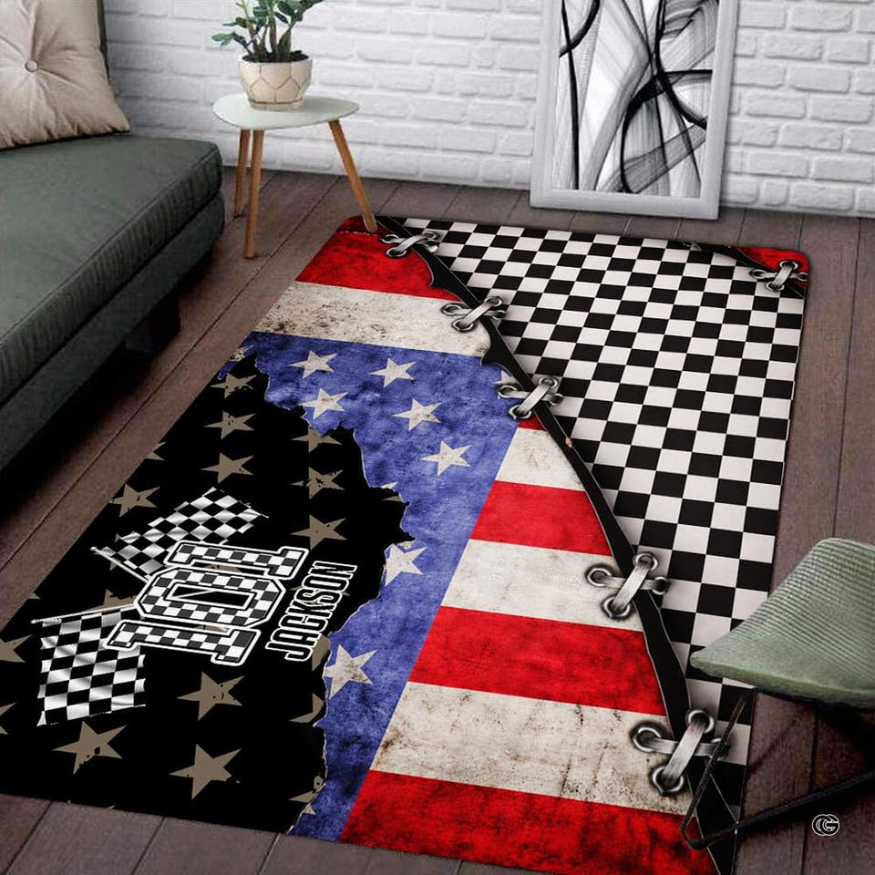 Personalized Racing Area Rug with Name – Custom Checkered Flag Sport Rug for Game Room, Garage, Living Room, Patio – Non-Slip Race Car Track Mat (Racing Rug 08)