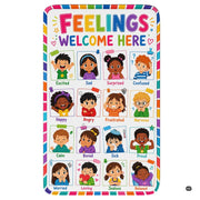 Kids quiet corner area rug with cartoon emotion portraits and rainbow border. - thumbnail image 1 of 7