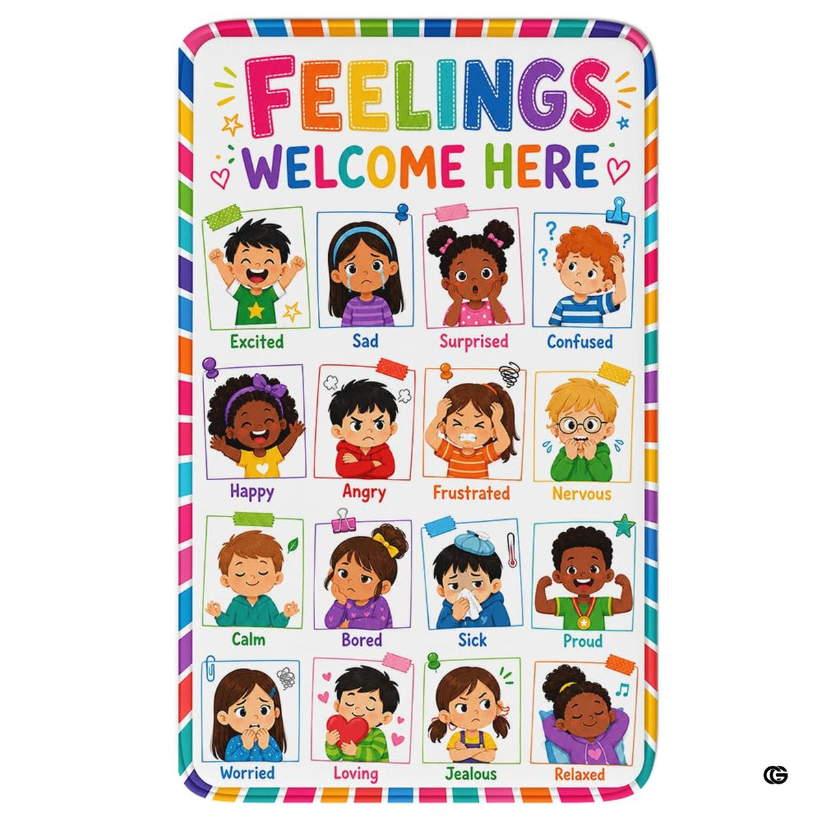 Kids quiet corner area rug with cartoon emotion portraits and rainbow border. - image 1 of 7