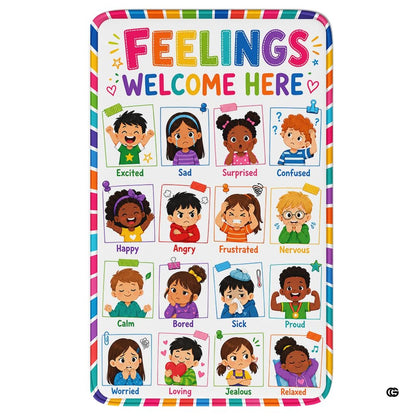 Kids quiet corner area rug with cartoon emotion portraits and rainbow border. - thumbnail image 1 of 7