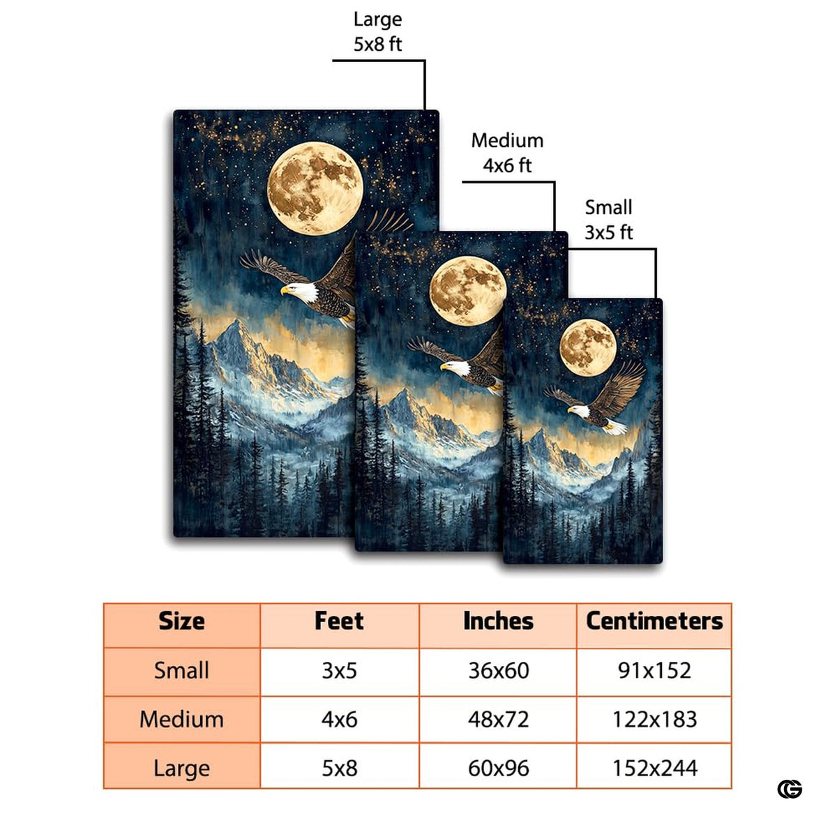Dimension comparison chart displaying multiple size formats for this full moon eagle area rug.