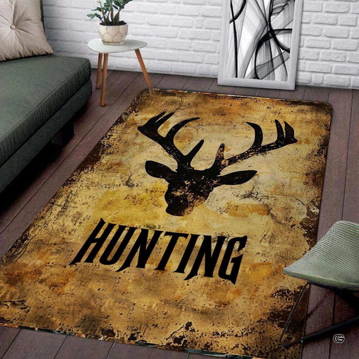 Overhead view of rustic stag black distressed area rug displaying an antlered buck on parchment tones. - image 1 of 7
