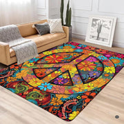 Vibrant retro bohemian room decor featuring psychedelic floral peace emblem rug - thumbnail image 4 of 5