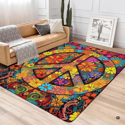 Vibrant retro bohemian room decor featuring psychedelic floral peace emblem rug - thumbnail image 4 of 5