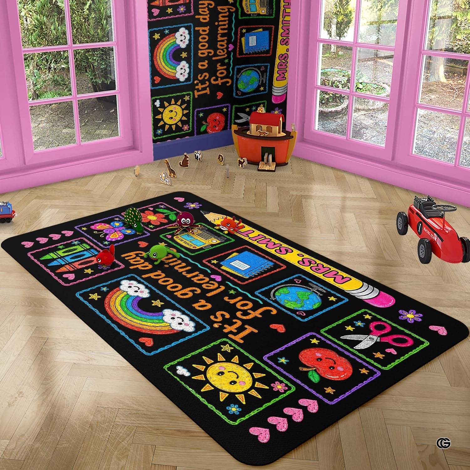 Personalized Teacher Classroom Rug, Custom Back to School Welcome Mat with Name, Kindergarten Preschool Elementary Decor, Composition Notebook Carpet (A05)