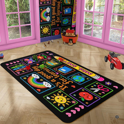 Personalized Teacher Classroom Rug, Custom Back to School Welcome Mat with Name, Kindergarten Preschool Elementary Decor, Composition Notebook Carpet (A05)