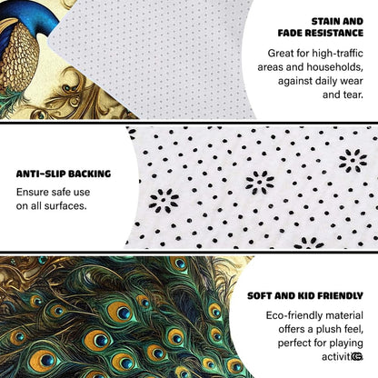 Infographic showing the non-skid dot backing and edge stitching of the peacock rug - thumbnail image 4 of 8